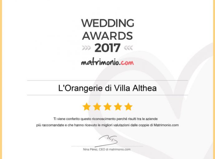 L’Orangerie di Villa Althea riceve uno dei premi Wedding Awards 2017